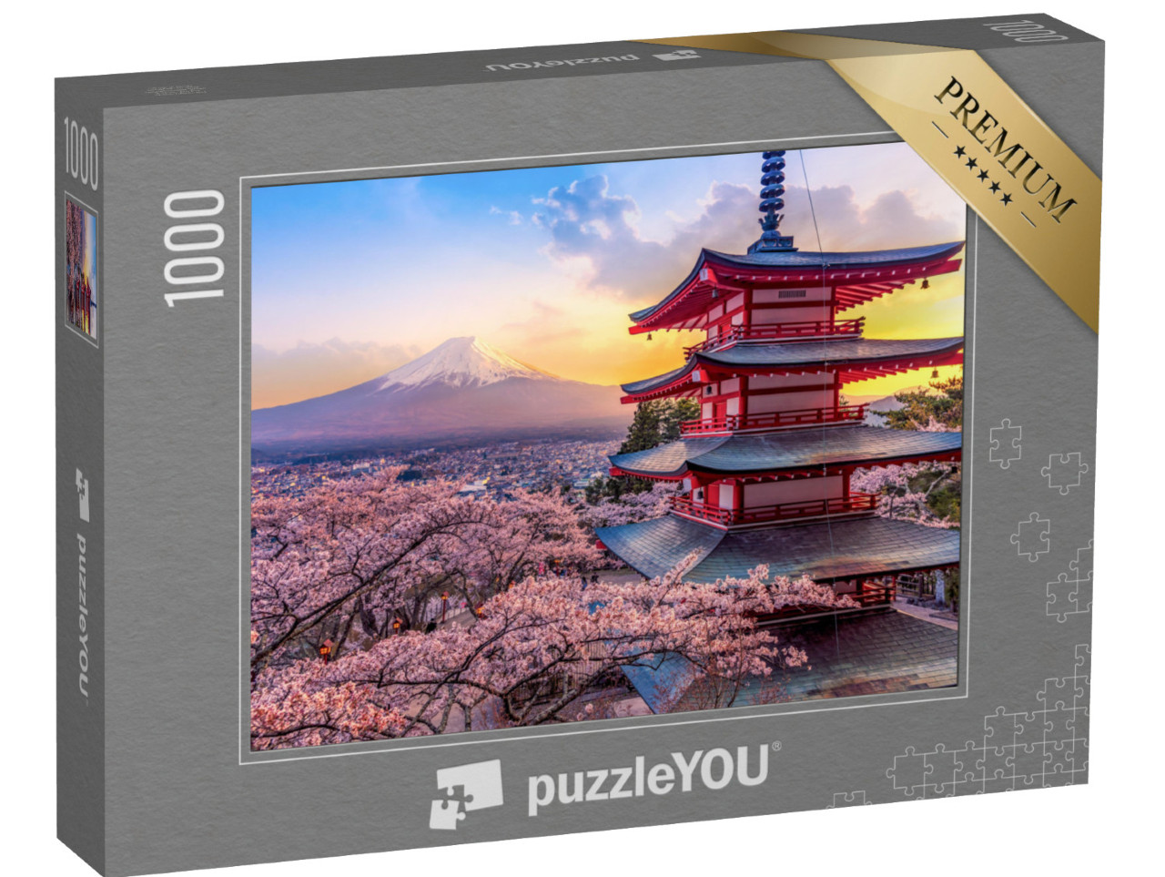 Puzzle 1000 Teile „Kirschblüte am Berg Fuji und die Chureito-Pagode bei Sonnenuntergang, Japan“