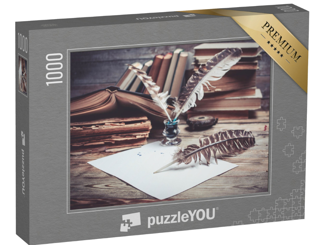 Puzzle 1000 Teile „Vintage-Stillleben: Bücher, Tinte und Schreibfedern“