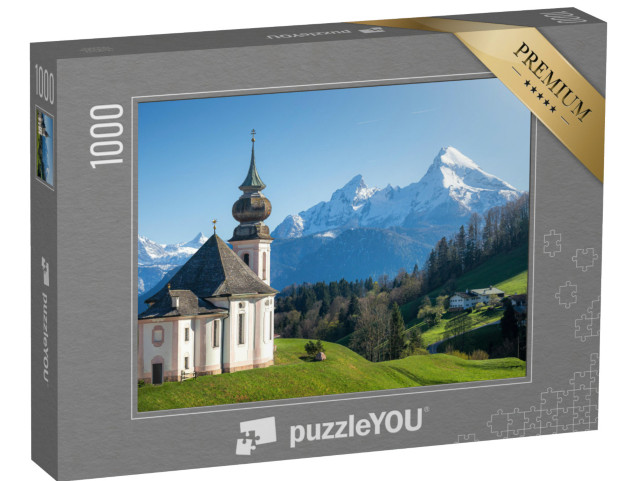 Puzzle 1000 Teile „Schneebedeckter Watzmann-Gipfel und Maria Gern, Berchtesgadener Land“