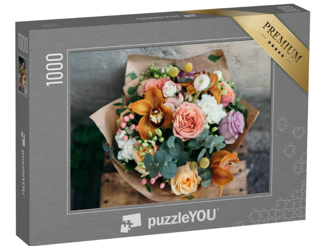 Puzzle 1000 Teile „Frischer Blumenstrauß, dahinter Backsteinmauer“