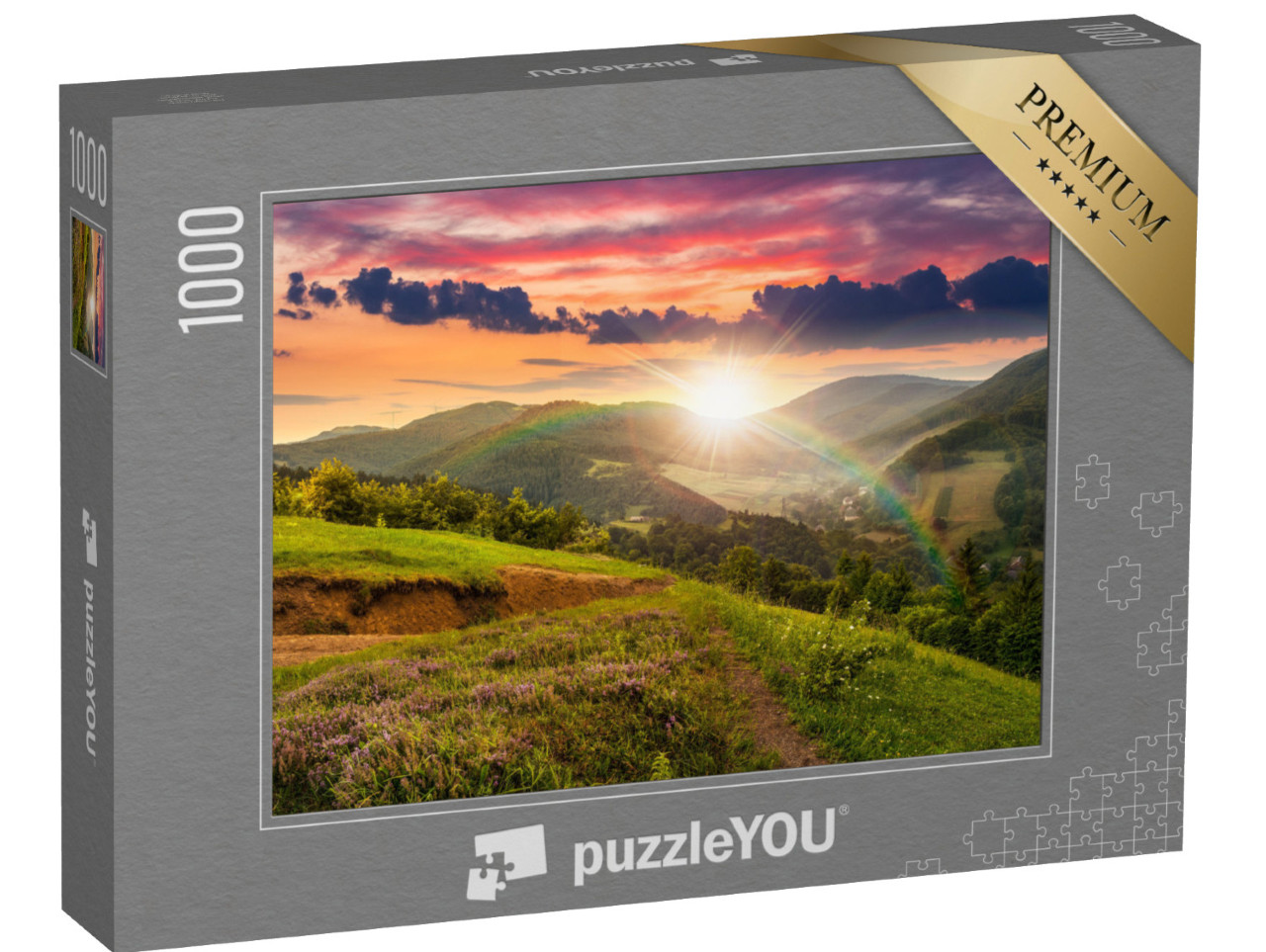 Puzzle 1000 Teile „Regenbogen im Sonnenuntergang über waldbewachsenen Hügeln“