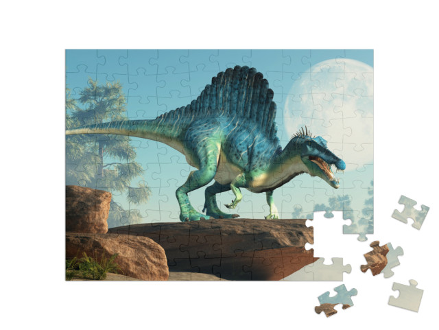 Puzzle 100 Teile „3D-Illustration: ein Spinosaurus auf einer Klippe bei Mondschein“