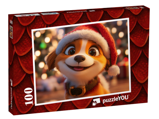 Puzzle 100 Teile „Der kleine Hundewelpe mit Weihnachtsmütze“