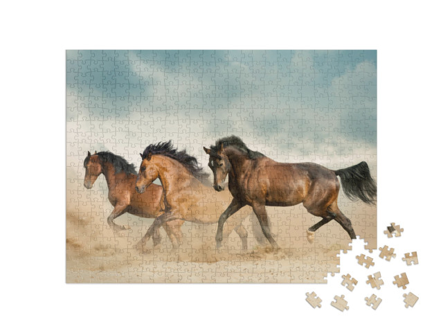 Puzzle 500 Teile „Schöne braune Pferde streifen durch die Wüste“
