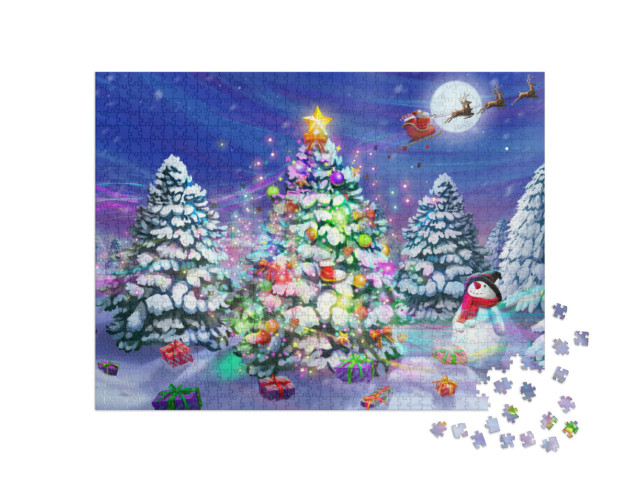 Puzzle 1000 Teile „Illustration: Santas Schlitten über einem Weihnachtsbaum im verschneiten Wald“