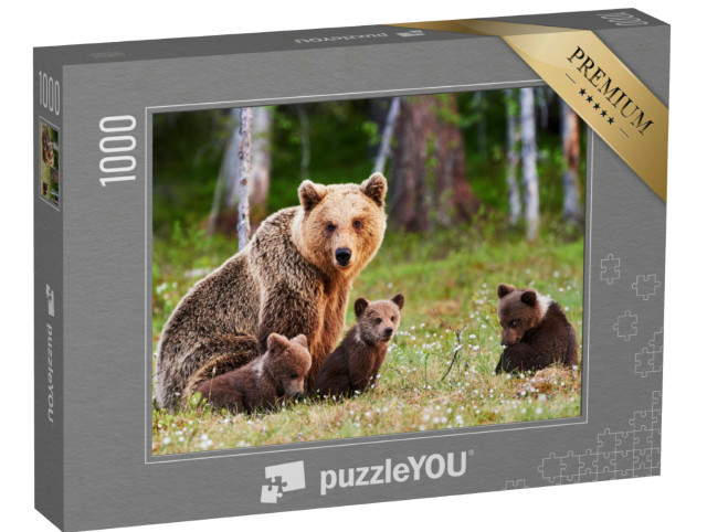 Puzzle 1000 Teile „Braunbärenmutter beschützt ihre Jungen in einem finnischen Wald“