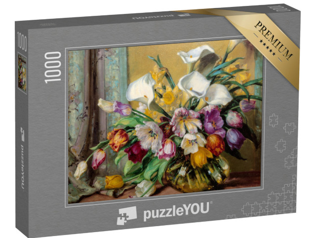 Puzzle 1000 Teile „Ölgemälde: Blumenarrangement in einer bauchigen Glasvase“