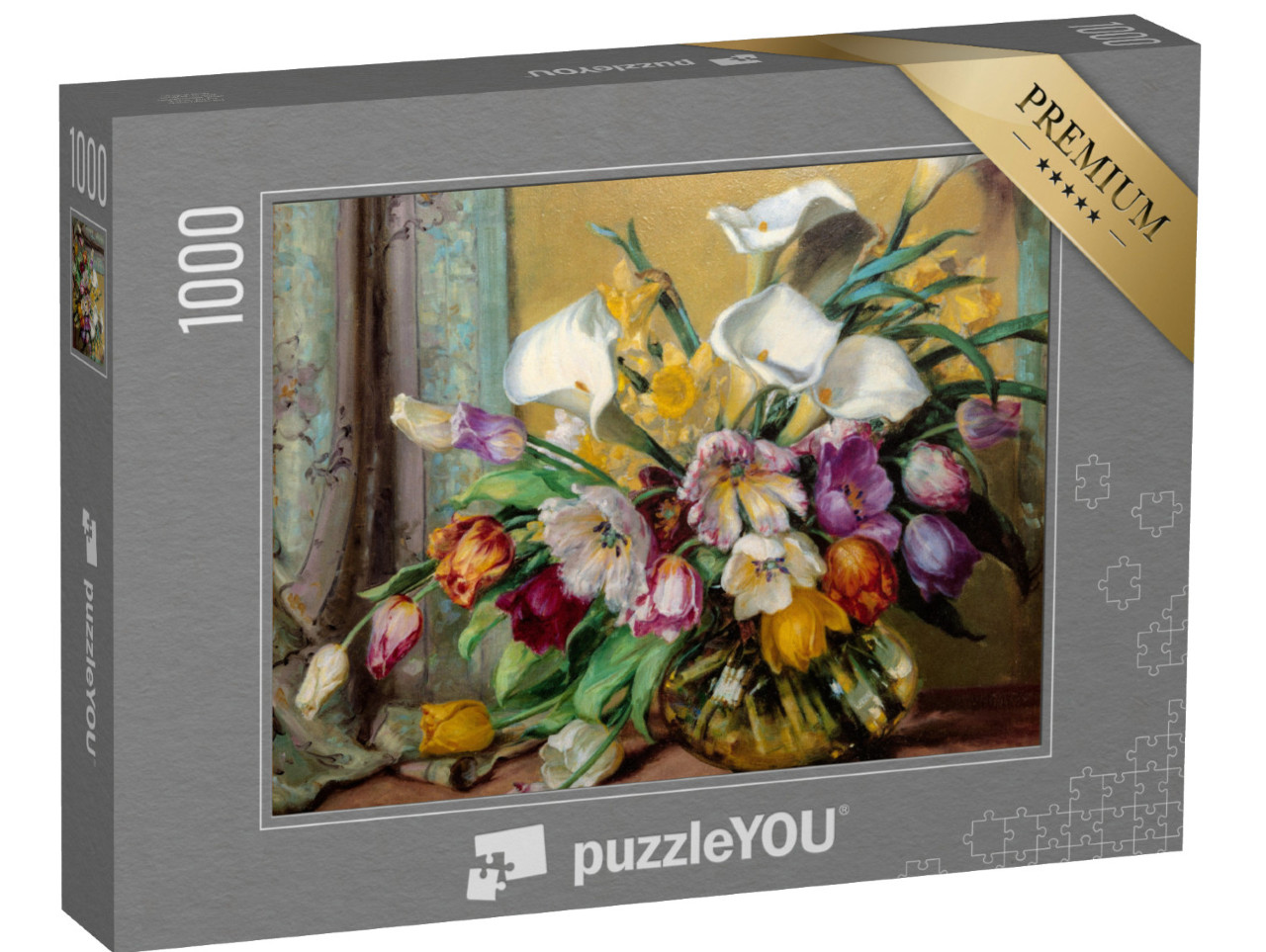 Puzzle 1000 Teile „Ölgemälde: Blumenarrangement in einer bauchigen Glasvase“