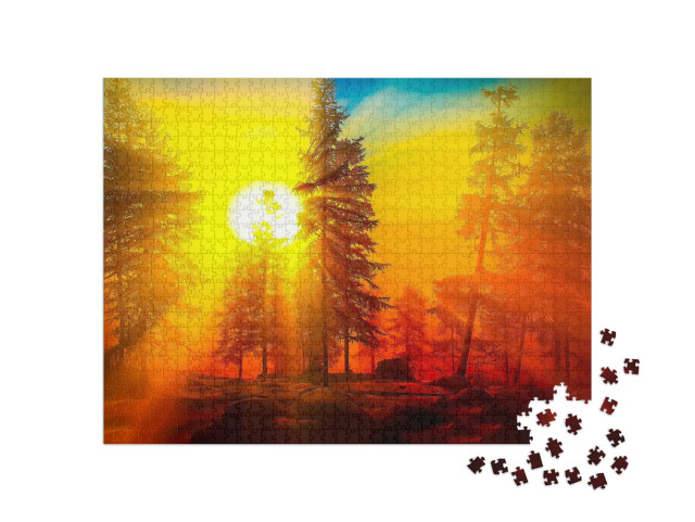 Puzzle 1000 Teile „Glühender Himmel: Sonnenaufgang im Wald“