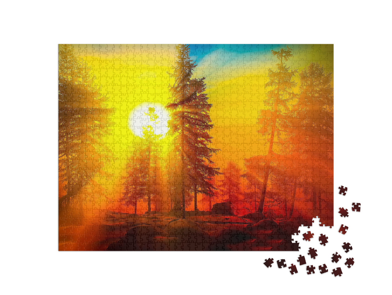 Puzzle 1000 Teile „Glühender Himmel: Sonnenaufgang im Wald“