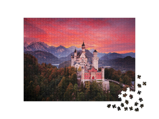 Puzzle 1000 Teile „Märchenschloss Neuschwanstein im blutroten Sonnenuntergang“