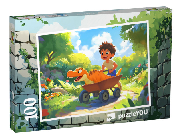 Puzzle 100 Teile „Dino-Spaß: Das Schubkarrenrennen“