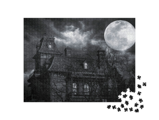 Puzzle 1000 Teile „Altes gruseliges Haus unter dem Vollmond“