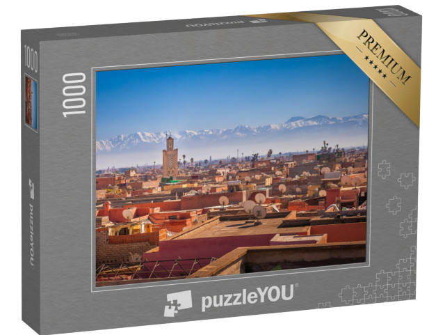 Puzzle 1000 Teile „Panoramablick auf Marrakesch und das schneebedeckte Atlasgebirge, Marokko“