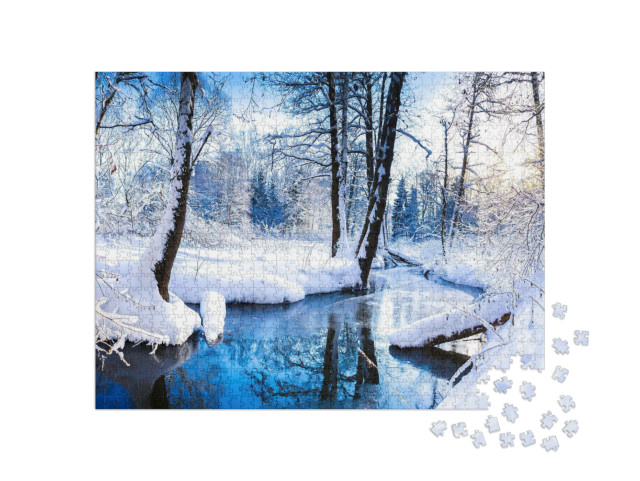 Puzzle 1000 Teile „Bezaubernde Flusslandschaft im Winterwald“