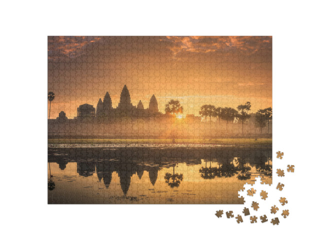 Puzzle 1000 Teile „Touristenattraktion Tempelkomplex Angkor Wat, See Siem Reap, Kambodscha“