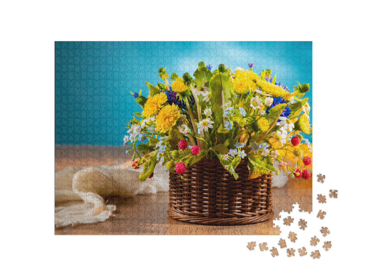 Puzzle 1000 Teile „Korb mit Wildblumen auf blauem Hintergrund“
