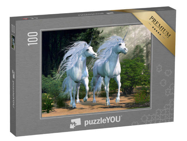 Puzzle 100 Teile „Zauberhafte Einhörner im verwunschenen Wald“