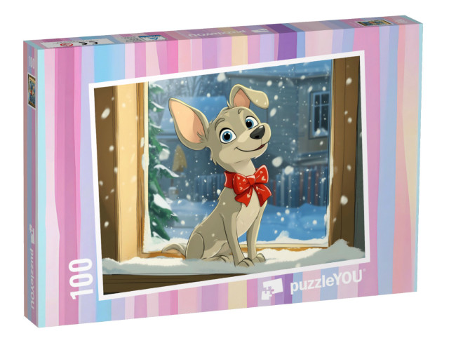 Puzzle 100 Teile „Hund Walli mit seiner roten Schleife“