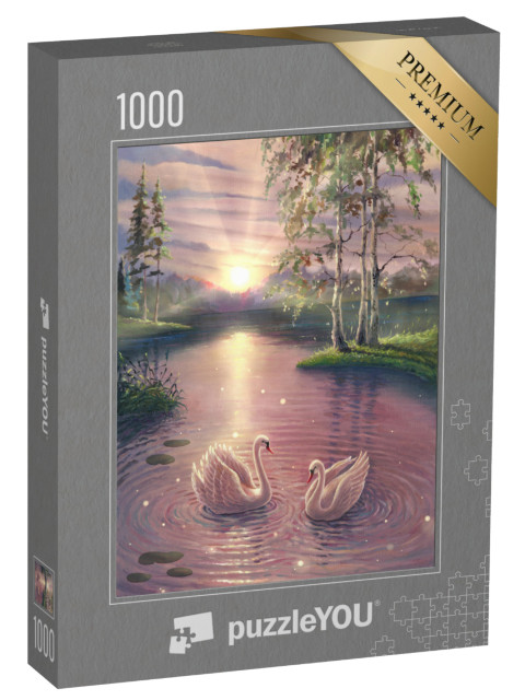 Puzzle 1000 Teile „Ölgemälde: Schwäne auf dem magischen Teich im Wald“