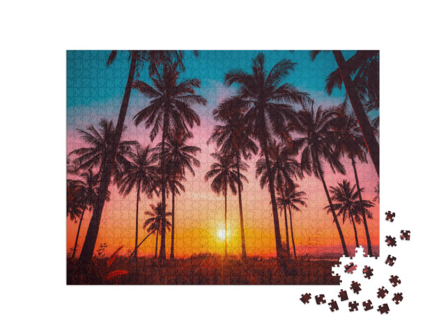Puzzle 1000 Teile „Kokosnusspalmen am Strand bei Sonnenuntergang“