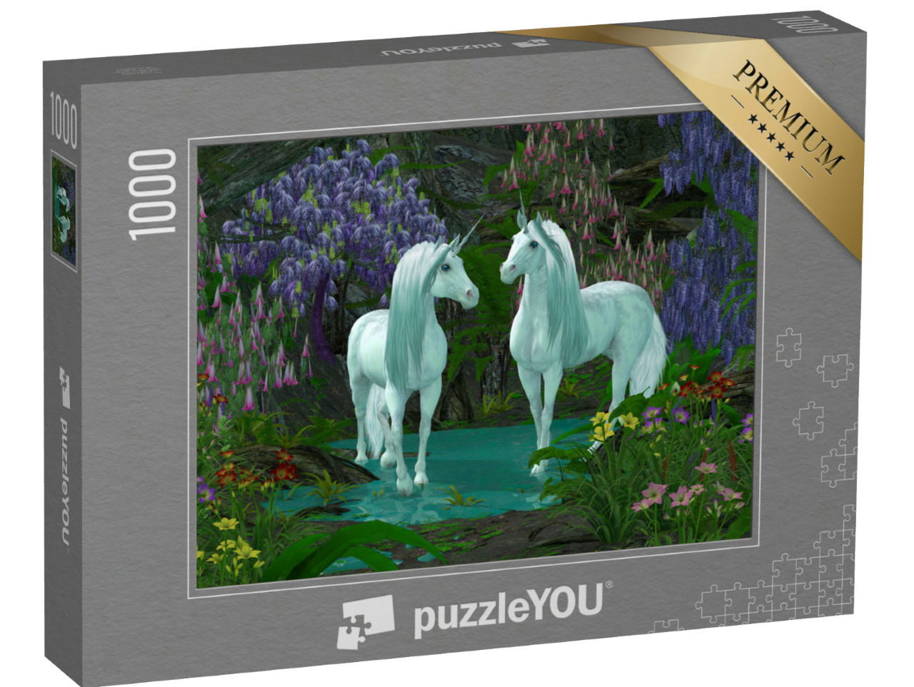 Puzzle 1000 Teile „Zwei Einhörner am Bach mit Waldblumen, Illustration“