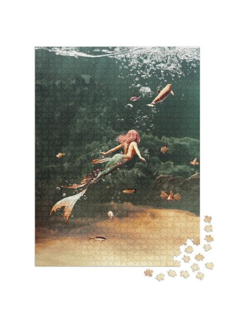 Puzzle 1000 Teile „Digitale Kunst: Anmutige Meerjungfrau schwimmt mit Fischen und Robbe“