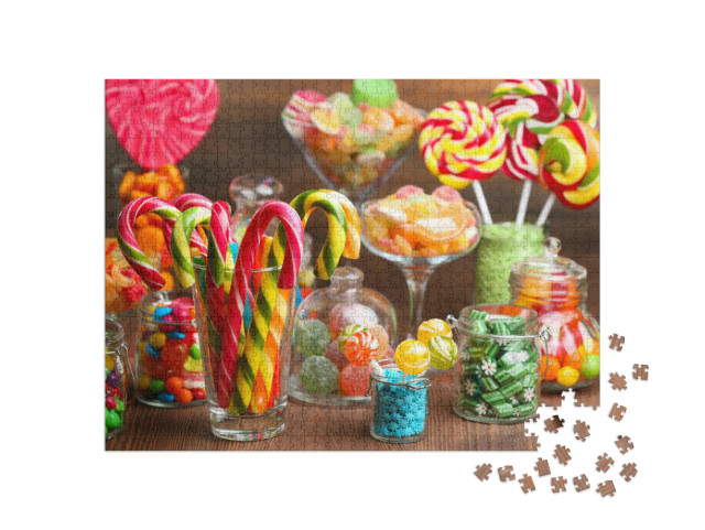Puzzle 1000 Teile „Bunte Bonbons in Gläsern auf einem Holztisch, köstliche Candybar“