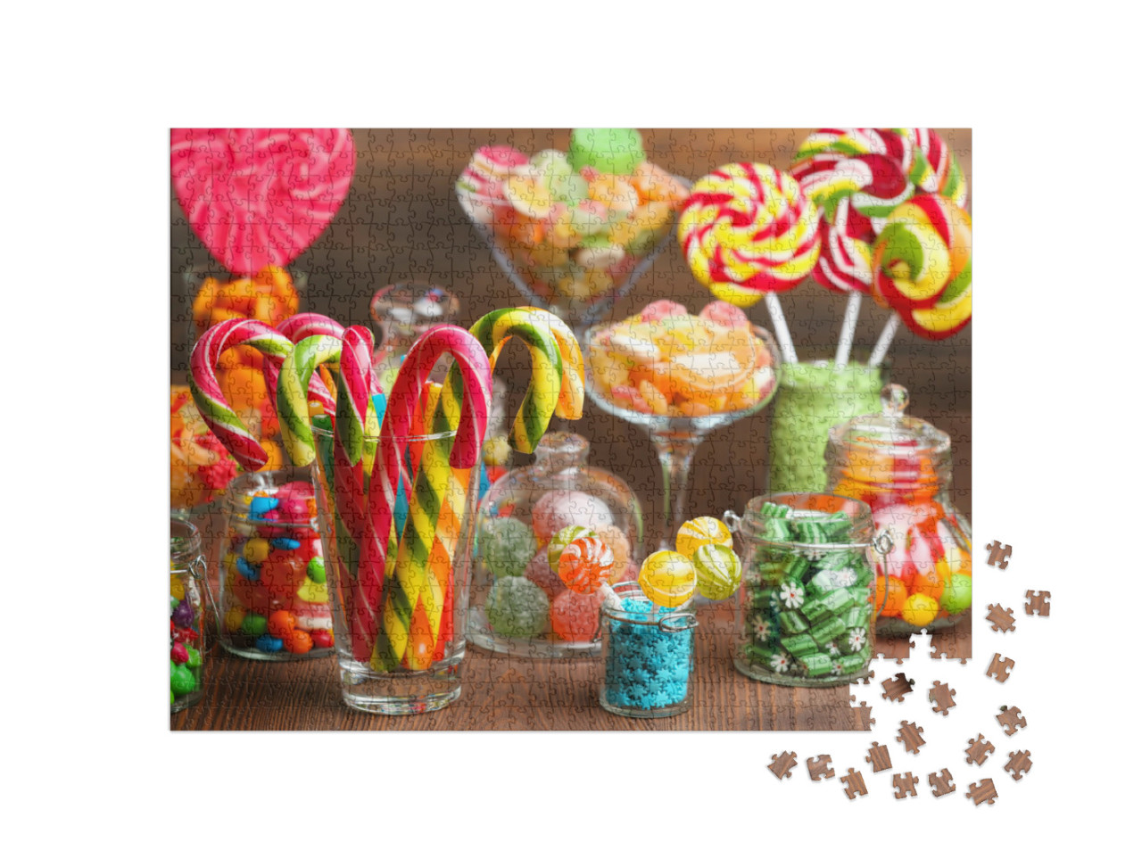 Puzzle 1000 Teile „Bunte Bonbons in Gläsern auf einem Holztisch, köstliche Candybar“